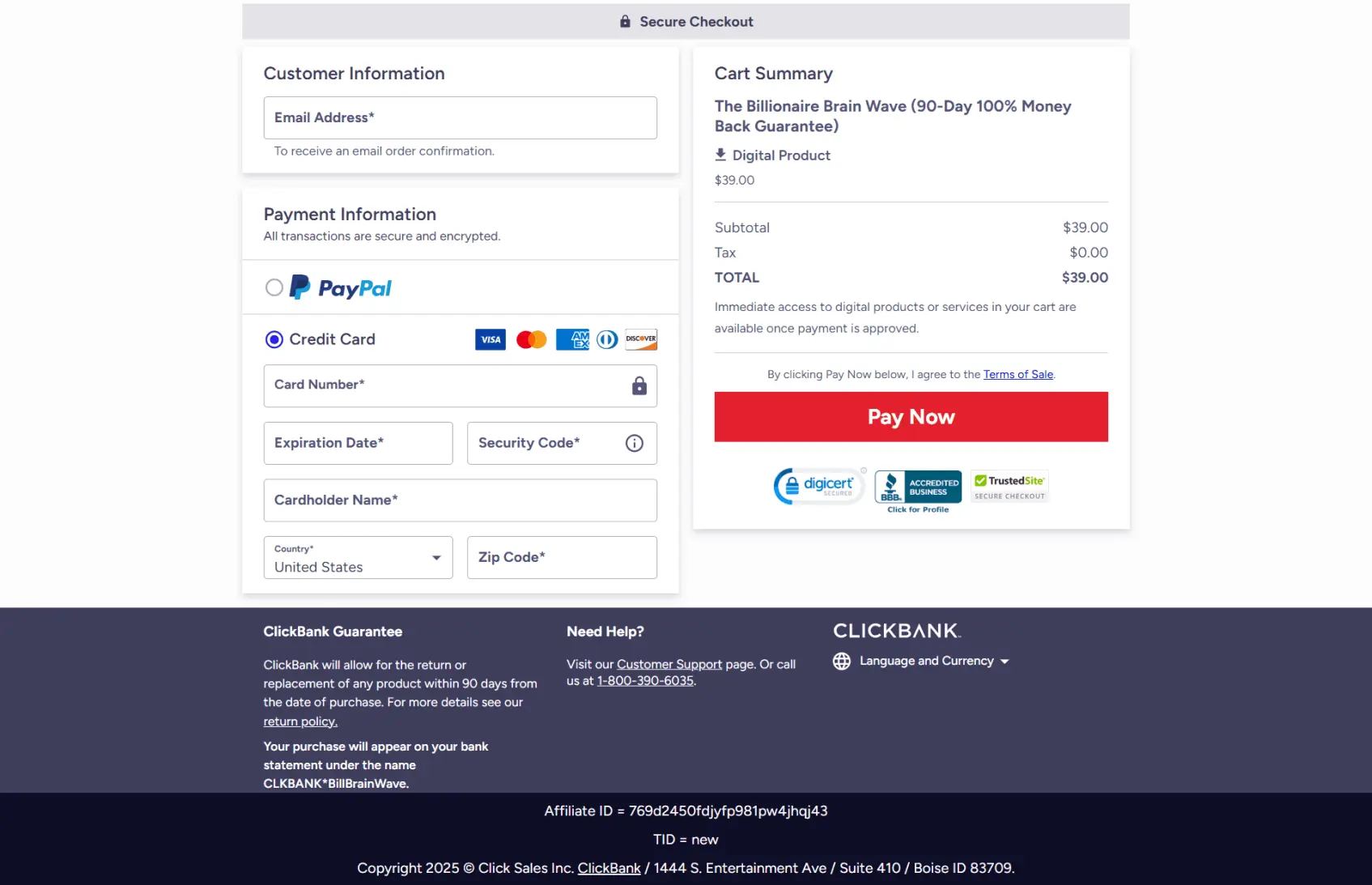 Billionaire Brain Wave cart page